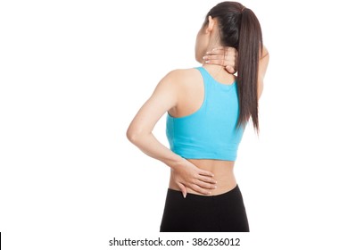 Asian Healthy Girl Got Neck Pain And Back Pain  Isolated On White Background