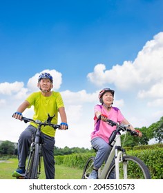 Asian Healthy Senior Couple Exercising With Bicycles