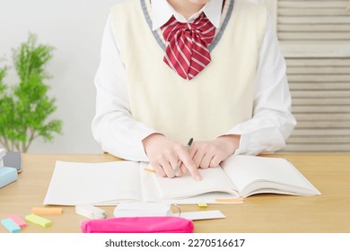 Asian high school student studying at home, no face