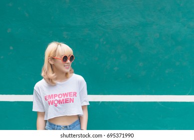 Asian Hipsters Girl Posing For Take A Photo,lifestyle Of Modern Woman,Thai People In Hippie Style,Golden Hairs