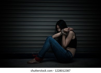 Asian Hostage Woman Bound Rope Night Stock Photo (Edit Now) 1228012378