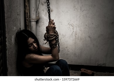 Asian Hostage Woman Bound Rope Night Stock Photo (Edit Now) 1597372669