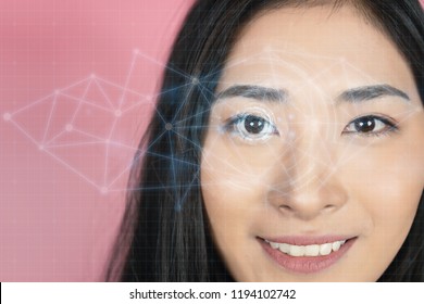 Asian Human Women Face With A Virtual Eye HUD Interface Animation In Augmented Reality. Button Working On Virtual Holographic Interface.Futuristic Monitor Code And Information Hologram,Future Concept