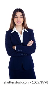 Asian Indian Business Woman Happy Smiling With Blue Suit Isolated On White