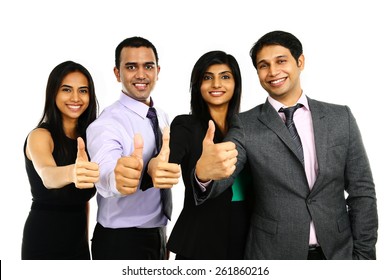 Asian Indian Businessmen And Businesswoman In Group With Thumbs Up Isolated On White. Successful Teamwork Concept.