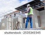 Asian or Indian contractor man engineer wearing a white hard hat and reflective safety vest stands at a height inspecting a construction project while holding a building plan in his hand.

