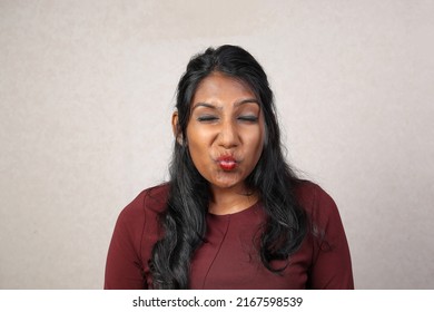 Asian Indian Origin Dark Skin Tone Beautiful Woman Facial Hand Expression Making Faces Funny Witty