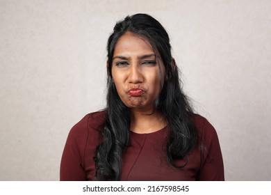 Asian Indian Origin Dark Skin Tone Beautiful Woman Facial Hand Expression Making Faces Funny Witty