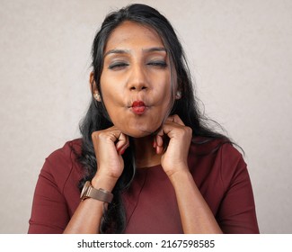 Asian Indian Origin Dark Skin Tone Beautiful Woman Facial Hand Expression Making Faces Funny Witty