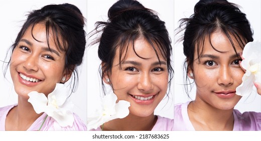 Asian Indian Woman Show Beautiful Smile Happy Lips, Hold White Flower As Fresh Clean Skin Care. India Female Feel Wellbeing With Face Shot Make Up For Eye Lips In Studio Over White Background Isolated