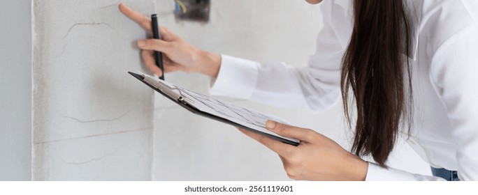 Asian inspector checking structure of new property and taking note in the clipboard for review and fix the house before sell to client