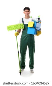 Asian Janitor With Cleaning Supplies On White Background