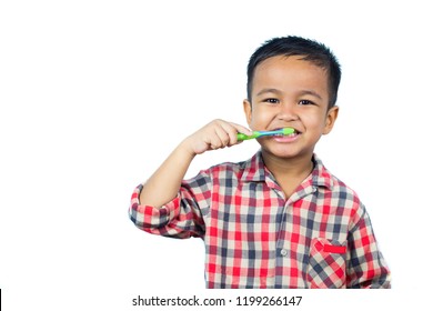 Asian Kid Brushing Teeth On White Background.