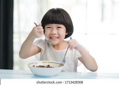 Asian Kid Eating Food, Have Launch
