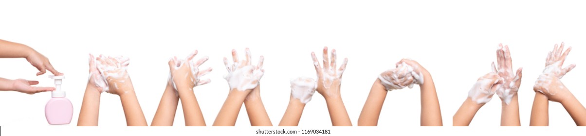 Asian kid girl hand washing isolated on white background medical procedure step by step.
