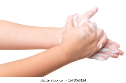 Asian Kid Girl Hand Washing Isolated On White Background Medical Procedure Step By Step.