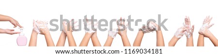 Asian kid girl hand washing isolated on white background medical procedure step by step.
