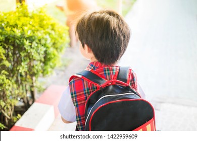 Asian Kid Go To School Carrying Backpack Prepare Go To Kindergarten In Morning Time,focus Bag.