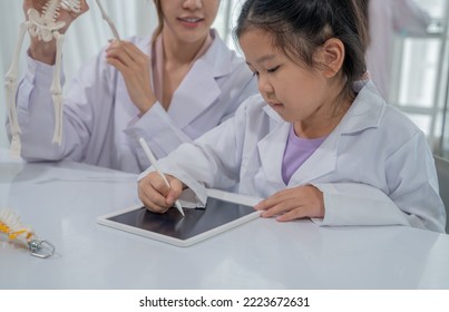 Asian Kid Learning With Doctor In The Laboratory. Physical Examination And Science Education Class.