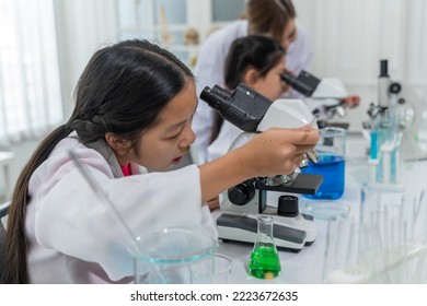 Asian Kid Learning With Scientist In The Laboratory. Physical Examination And Science Education Class.