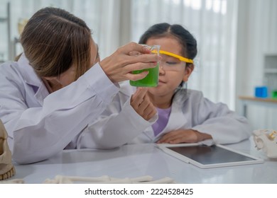 Asian Kid Learning With Scientist In The Laboratory. Physical Examination And Science Education Class.