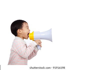 asian kid shouts something into the megaphone