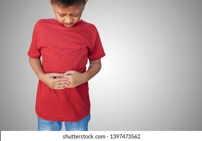 Asian Kid Stomach Ache, Isolate Background.