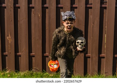 Asian Kid In Werewolf Costume Holding Skull And Halloween Bucket With Sweets While Showing Angry Grimace And Growling