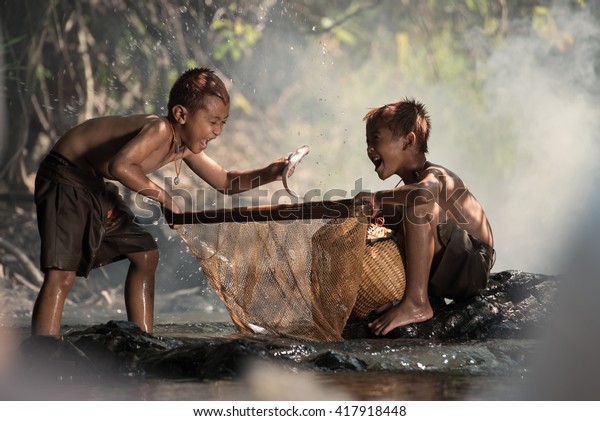 Asian Kids Enjoyed Fishing Waterfalltwo Poor Stock Photo (Edit Now ...