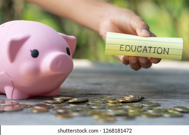 Asian Kid's Hand Putting Saving Purpose On Pile Of Coins And Piggy Bank. Concept Of Money Saving, Financial And Education.