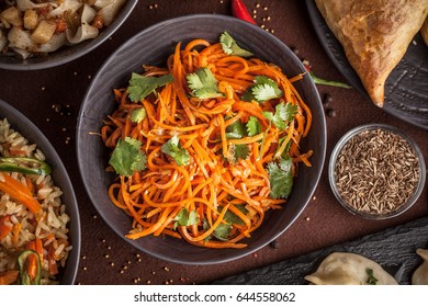 Asian Korean Carrot Salad With Spices In The Plate