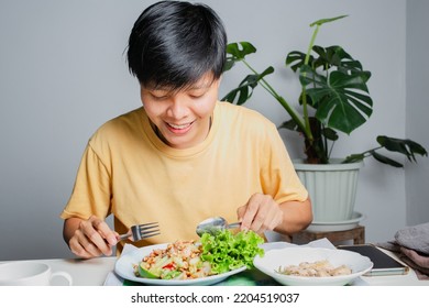 Asian Lesbians Smiling Happily On The Dining Table With Thai Food, Papaya Salad And Grilled Chicken. Eat Alone At Home.