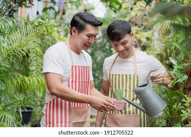 Asian LGBTQ Gay Man Couple Smile Happily Wear Apron Enjoy Hobby Activity To Water Heart Cactus Together In The Green Garden Home. They Looking Young Plant With Love In Evening On Weekend Holiday.