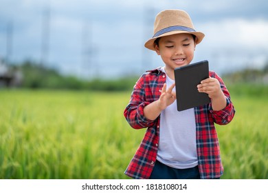 Asian Little Boy Watching Tablet And Interested In Learning The Surroundings In The Green Fields, Education Concept Outside The Classroom Educational Freedom