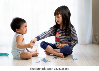 Asian little brother is crying and fighting with sister over the puzzle toys, concept of friendship, problem, and conflict between sibling in family life.