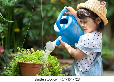 Asian Little Child Girl Pouring Water On The Trees. Kid Helps To Care For The Plants With A Watering Can In The Garden.