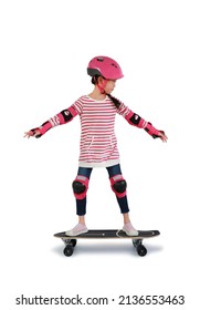 Asian little girl child skating on skateboard isolated over white background. Kid riding on skateboard. Image with Clipping path - Shutterstock ID 2136553463