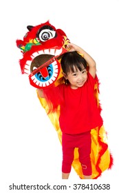 Asian Little Girl in Chinese Lion Custome Dance During Chinese New Year Celebration on White Background