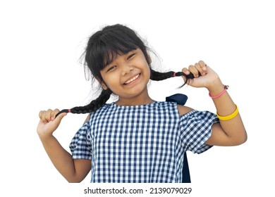 Asian little girl with dark braid looking smiling at camera isolated on white background.