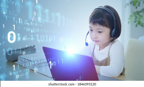 Asian little girl taking online class. Education technology. EdTech.