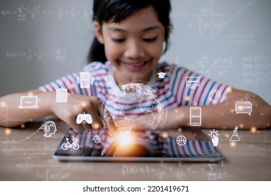 Asian little girl using tablet Education technology. EdTech.