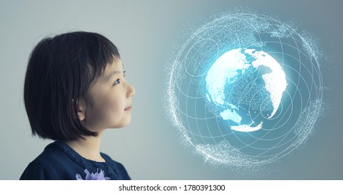 Asian Little Girl Watching A Holographic Planet Earth. Science Concept.