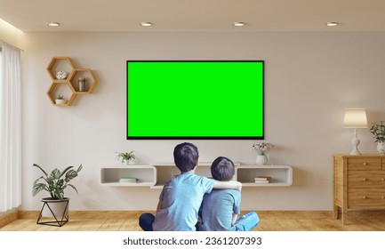 Asian Little kid watching green-screen TV Alone in the living room, surrounded by a lot of toys. selective focus, white shirt kids watch media. Back-view.
