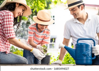 Asian lovely young family plant a tree in front of home together. Boy hold some soil while mother and father put a seedling in pot. People are happy nature activity. Family education lifestyle concept - Powered by Shutterstock