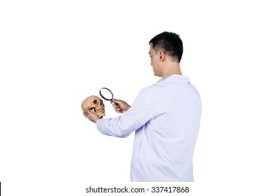 Asian Male Archeology Scientist Examining A Human Skull, Isolated On White.