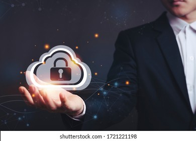 Asian male businessmen with Security lock cyber is a key safe device protection upload backup data on the cloud keep for privacy database. Concept of preventing data theft	
