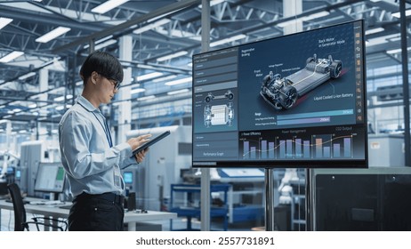 Asian Male Chief Engineer Using Tablet And Looking At TV With Modern Electric Vehicle Transmission At Autonomous Car Factory With Robotic Arms. Man Overlooking Assembly Of New Supercar Details.