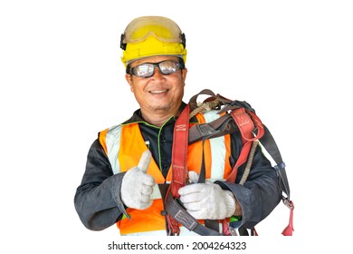 Asian Male Construction Workers Wear Reflective Uniforms And Safety Goggles For Professional Technicians. Isolated Industry On A White Background