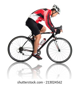 Asian Male Cyclist Riding Road Bicycle, Side View Isolated On White Background.