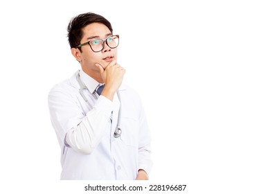 Asian Male Doctor Think And Look Up  Isolated On White Background